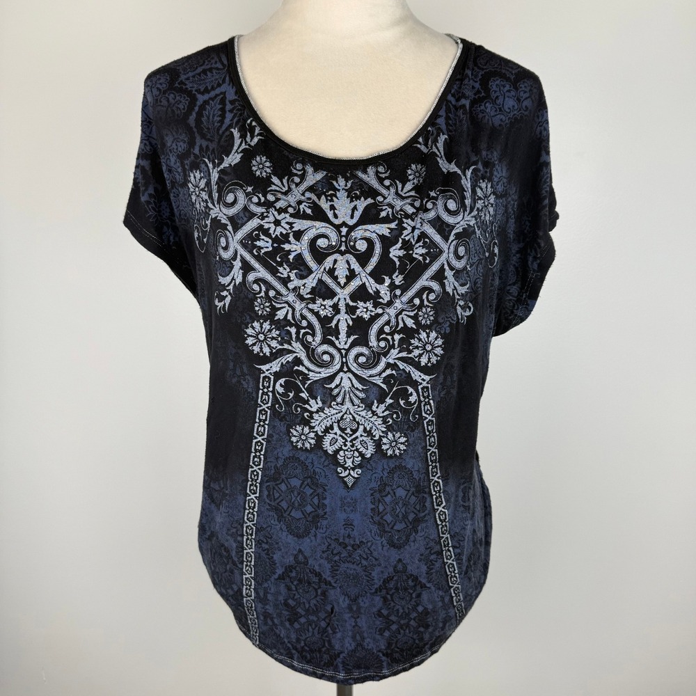 Y2K Skinny Minnie Women Black Blue Damask Graphic Rhinestone Dolman Sleeve Top